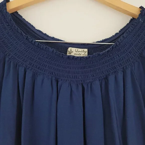 Unity World Wear Sz S Floral Navy Peasant Top Smocked 3/4 Sleeves Boho Blouse - Picture 4 of 11